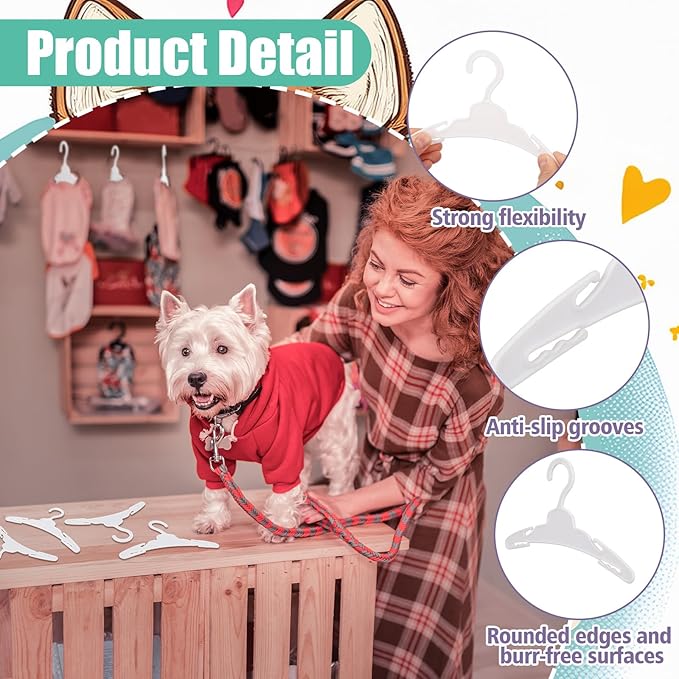 48 Pcs Dog Clothes Hangers 7 Inch Wide Non-Slip Plastic Pet Clothes Hangers Pet Clothing Holder Coat Hanger for Small Dog Cat Puppy Chihuahuas(White)