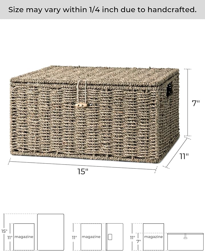 StorageWorks Seagrass Wicker Baskets for Organizing, Large Wicker Basket with Lid, Decorative Basket with Built-in Handles, Storage Baskets for Shelves, 1 Pack
