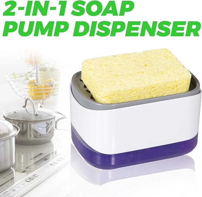 Soap Dispenser for Kitchen, Sponge Holder, Countertop Soap Dispensing Pump, 2-in-1 Soap Dispenser-One Hand Soap Pump Dispenser（White）