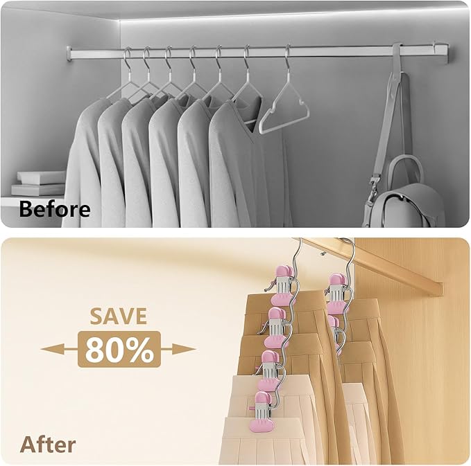 Wider Leggings Hangers for Closet 60 Pack, Metal Pants Hangers with Clips, Non-Slip Skirt Boot Jeans Hanger, Stackable Closet Organizer Space Saving Pink