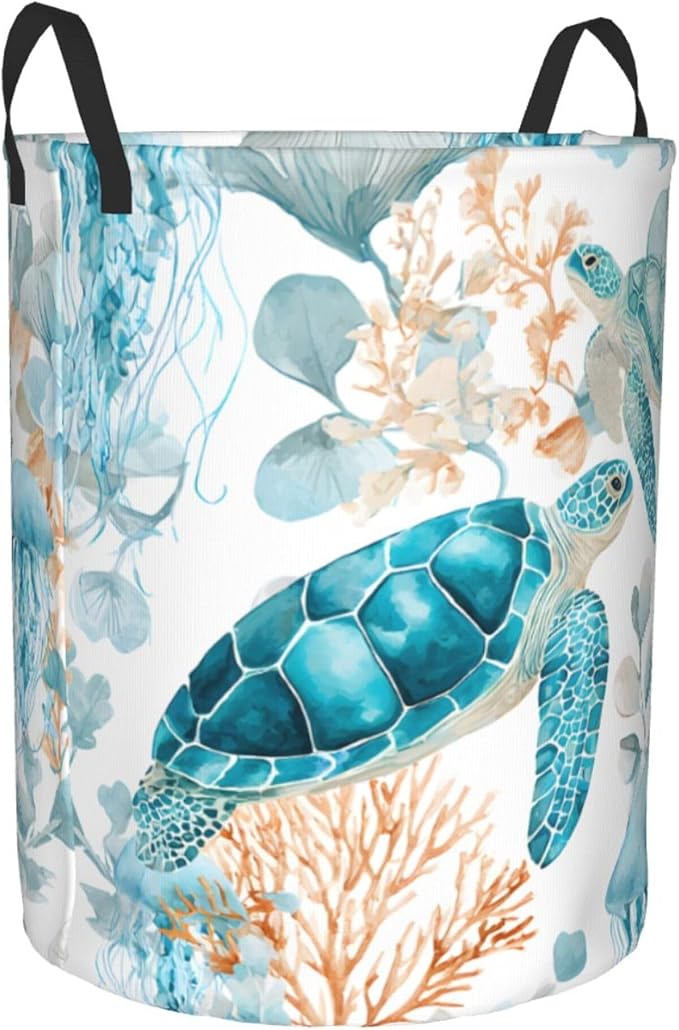 Sea Turtle Ocean Laundry Hamper, Collapsible Storage Basket with Handles for Clothes, Bedroom, Bathroom 19.6 x15.7 Inch