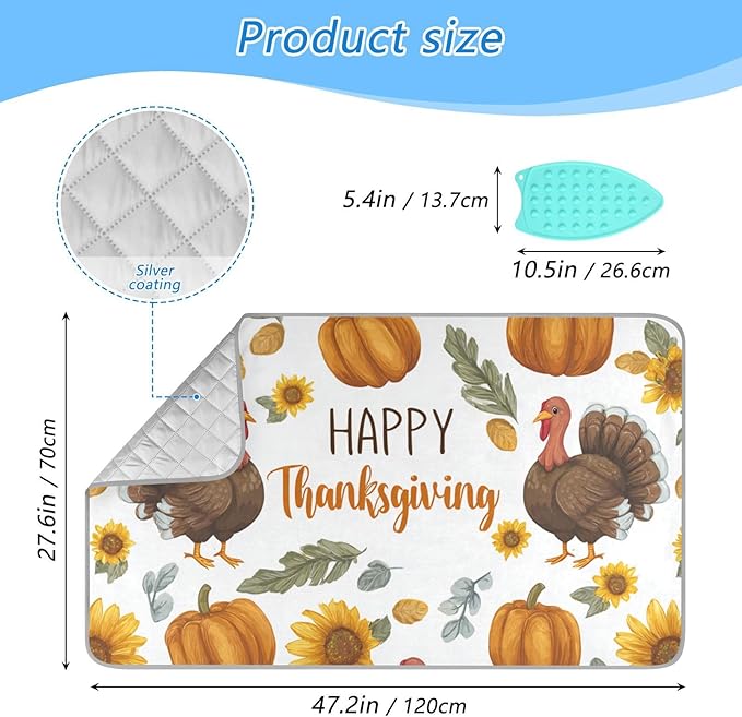 Ironing Mat Pad for Table Portable Travel Iron Blanket Ironing Board Covers Pressing Mat Heat Press Pads 27.6x47.2 Inches Thanksgiving Turkeys Sunflowers White37