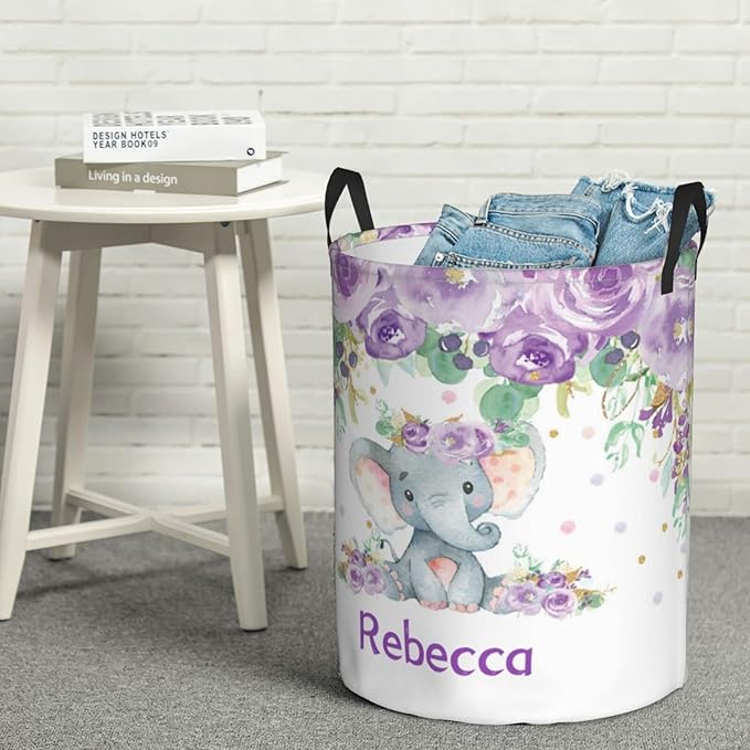 Purple Floral Elephant Personalized Laundry Hamper Custom with Name Collapsible Waterproof Storage Basket with Handles for Bedroom Decor Gift.