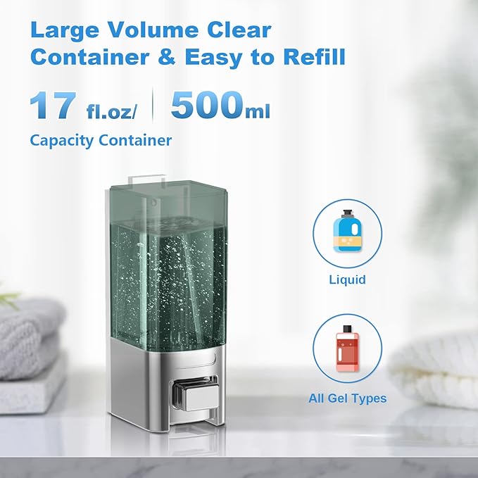 SVAVO Wall Mounted Soap Dispenser - Manual Kitchen Bathroom Soap Dispenser Hand Sanitizer Dispenser with Anti-Leakage Nozzle Container for Liquid/Gel/Shampoo/Shower Gel/Lotion/Cleaner, 17.oz/500ml