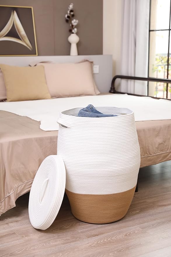 26"x20" Handcrafted Tall Cotton Rope Basket with Lid, Stylish Flagon Shape with Cover, Clothes Hamper with Top, for Bedroom and Living Room, White/Camel Bottom