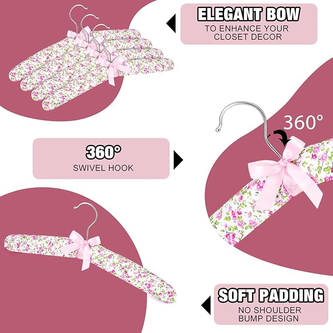 Jetec 24 Pieces Satin Padded Hangers with 360° Swiveling Hook Sponge Shoulder Pads Hanger for Coat, Sweaters, Blouse, Wedding Dress, Women Cloths(Flower Style)