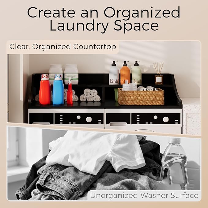 2-Tier Washer Dryer Topper,54" x 27.6" Washer Dryer Countertop with Non-Slip Mat, Laundry Room Organizer with Storage Shelf for Folding & Sorting Clothes, Black