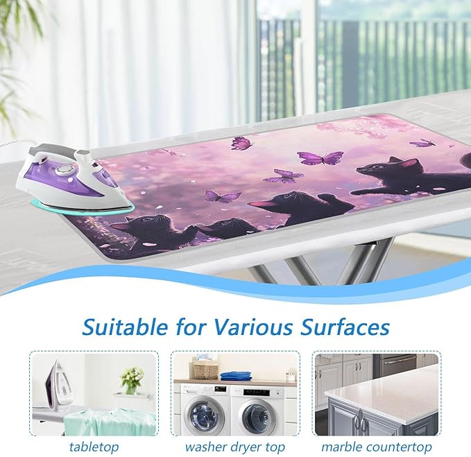 Ironing Mat &Pad Magnetic Heat Resistant Pads Portable Travel Ironing Blanket Ironing Board Covers 27.6x47.2Inches Purple Cat and Butterfly28