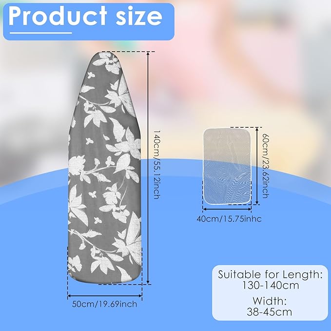 Ironing Board Cover and Pad 19"x55" Extra Thick Natural Cotton, Iron Board Cover Fits Most Ironing Boards with retractable drawstring, Scorch and Stain Resistant Padding, Heavy Duty Elastic Edge