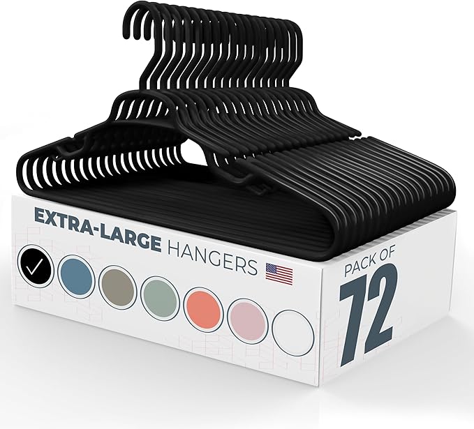 Neaties Large & Wide Heavy Duty Clothes Hangers 50+ Pack (72 Count) – Made in USA – Ideal for Plus Size Clothing – 10lb Plastic Hangers with Notches for Oversized Adult Coats & Pants – Black