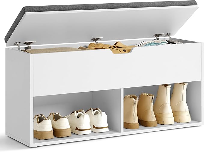 VASAGLE Shoe Storage Bench with Cushion, Entryway Shoe Rack Bench with Storage, 2 Open and 1 Hidden Compartments, for Living Room, Bedroom, White and Gray ULHS021W01