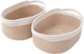 Woven Basket,Small Rope Storage Bin with Handles & Ribbon Bag, Organizer for Shelves Closets,Gift Basket Empty for Birthday,Books,Dog Toys, White&Brown Block/2 Pack