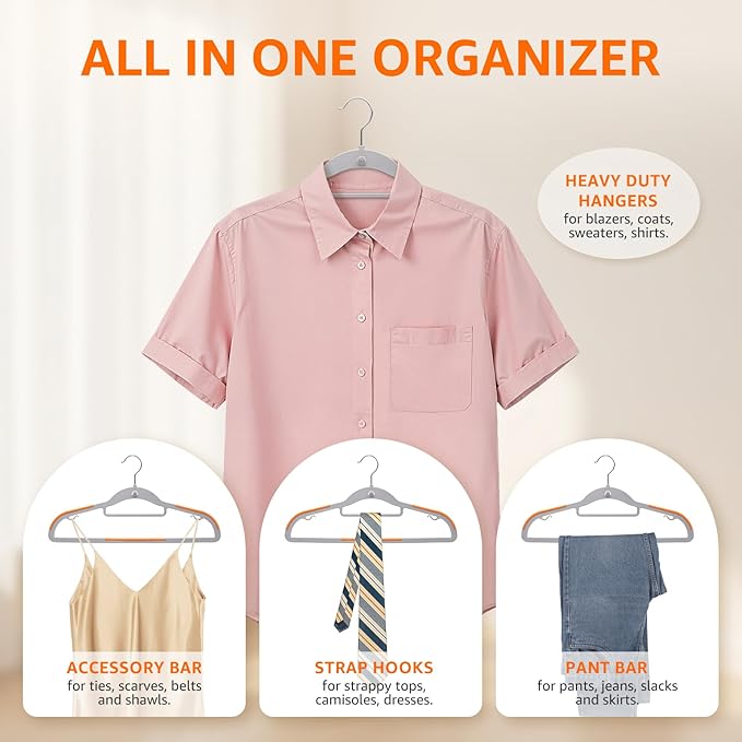 Yolife Cascading Plastic Clothes Hangers 20 Pack with Inner Hook for Vertical Storage, Slim Space Saving Hangers with Non-Slip Pads, 360° Swivel Metal Hook, Versatile, Gray & Orange