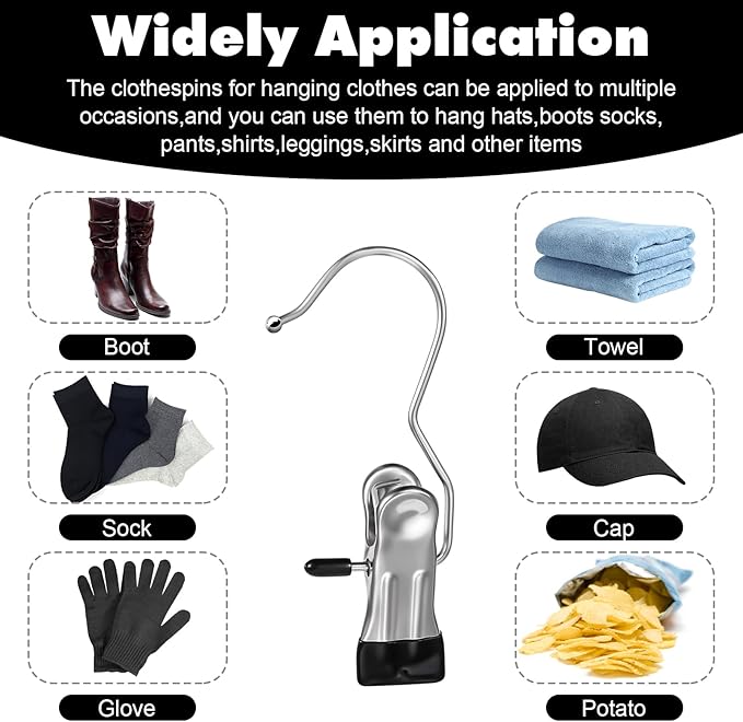 100 Pack Boot Hanger Clips Heavy Duty Laundry Hooks with Clips, Portable Stainless Steel Clothes Pins Boot Clips for Hanging Pants Socks Hats Towels Clothpins Hanger for Travel (5 Colors)