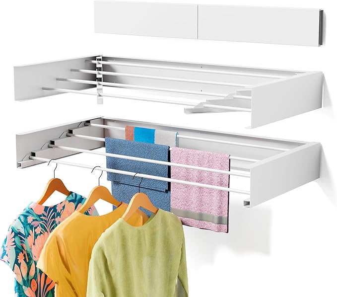 Laundry Drying Rack Collapsible, Wall Mounted Clothes, Retractable Wall Drying Rack, 23.6" Wide, 4 Aluminum Rods, Max 60 lb Capacity (White, 23.6'')