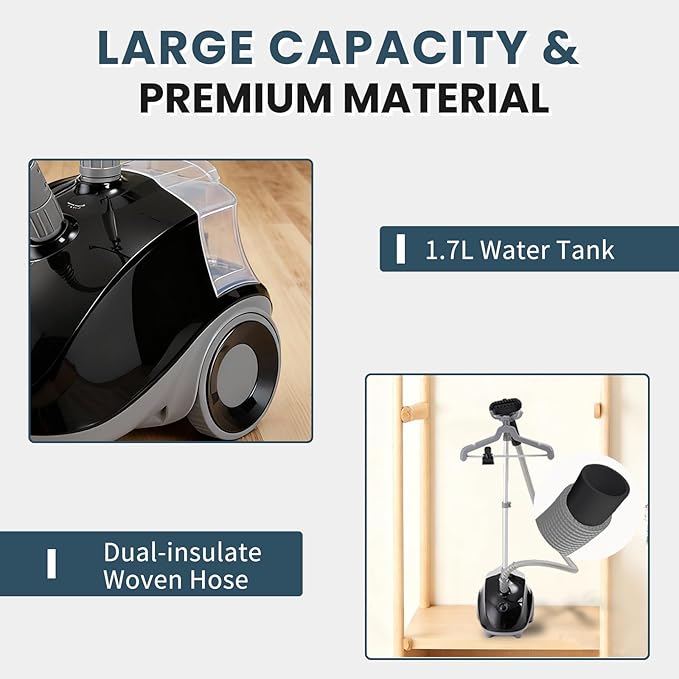 DUMOS Garment Steamer for Clothes Standing, 1500W Efficient Clothes Steamer Standing, 1.7L Water Tank for 55 Min Continuous Steaming with Wheels, Professional Fast Heating Wrinkle Remover