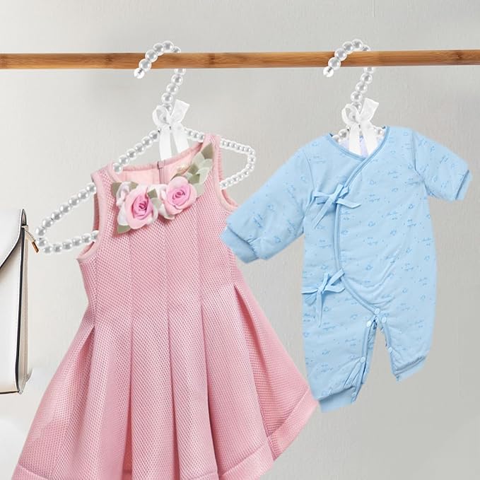 Angoily 2 Pcs Pearl Clothes Hangers, White Mini Pearl Beaded Clothes Hanger with Ribbon, Small Cute Metal Coat Non Slip Wedding Dress Closet Organizer Kids Baby Children Toddler Pet Dog Cat Display