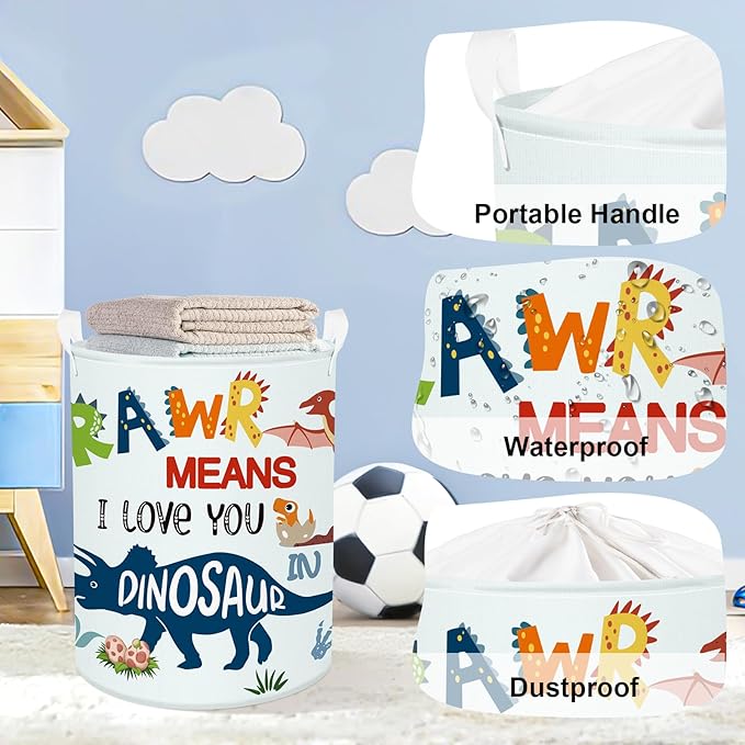 Dinosaur Laundry Hamper Large Storage Basket Cartoon Dino Collapsible Parents Organizer Kids Toy Clothes Bins for Bedroom, Bathroom, Boho Words, 63L