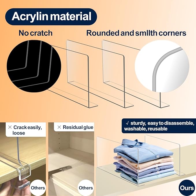 Acrylic Shelf Dividers For Closet Organization，Sweater Organizer For Closet - 10pack 8” Tall Clear Plastic Shelf Dividers For Closets Shelves Cabinets