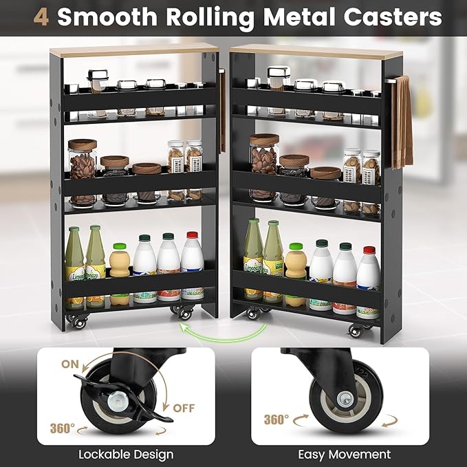 4-Tier Slim Rolling Storage Cart, Wooden Kitchen Utility Cart with Wheels & Handle, Space Saving Trolley, Slide Out Shelving Unit for Narrow Spaces, Laundry, Bathroom (Black + Natural)