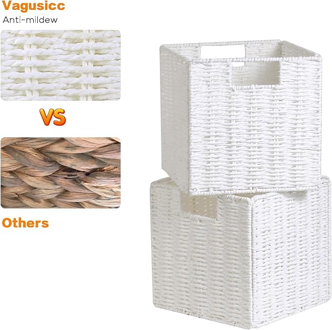 Vagusicc Wicker Storage Basket, Set of 2 Hand-Woven Storage Baskets for Organizing, Foldable Cube Storage Bins, 11 Inch Wicker Storage Baskets for Shelves and Decor, Square Closet Organizer, White