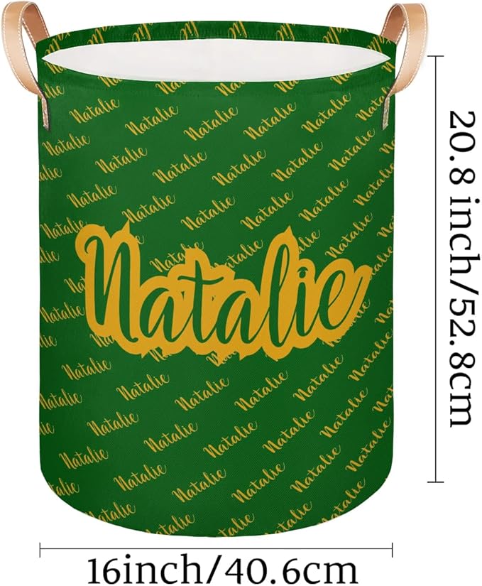 Personalized Laundry Basket, Custom Gift Laundry Hamper, Collapsible Nursery Waterproof Laundry Baskets, Dirty Clothes Toy Hamper with Handles Name Gold Green