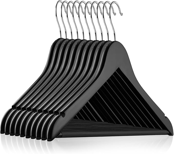 Casafield - 10 Black Wooden Suit Hangers - Premium Lotus Wood with Notches & Chrome Swivel Hook for Dress Clothes, Coats, Jackets, Pants, Shirts, Skirts