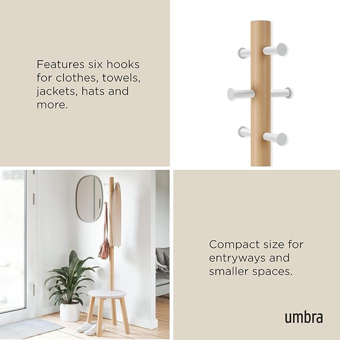 Umbra Pillar Coat Rack, Stool, Clothing Organizer, Umbrella Holder and Hat Organizer, Great for Entryway, White/Natural