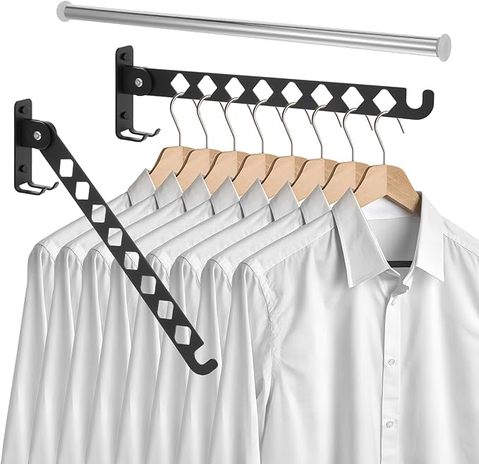 2Pcs Wall Mount Coat Hanger, Black Clothes Drying Organizer Rack, Retractable Folding Indoor Wall Mounted Holder, Closet Storage Organizer for Laundry Room Bedroom with 40cm Rod