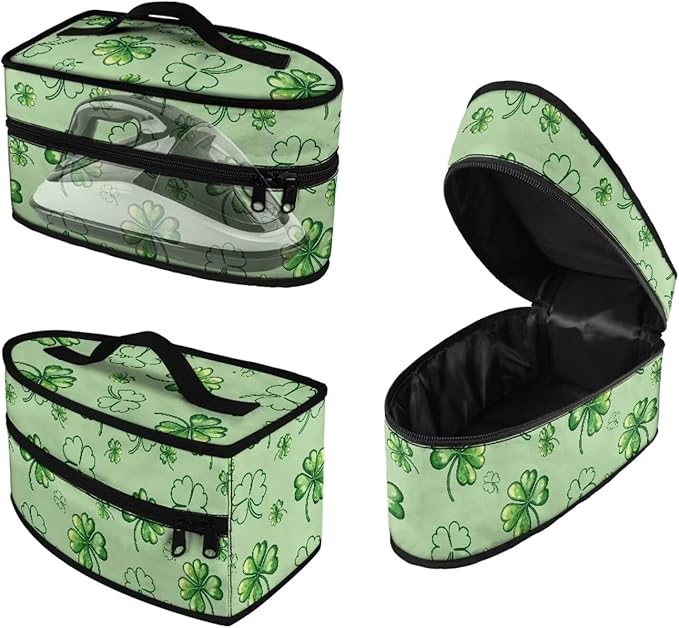 St Patricks Day Iron Portable Storage Bag with Zipper Closure Reusable Easy to Clean Clothes Iron Storage Case for Traveling Home, Four Leaf Clover