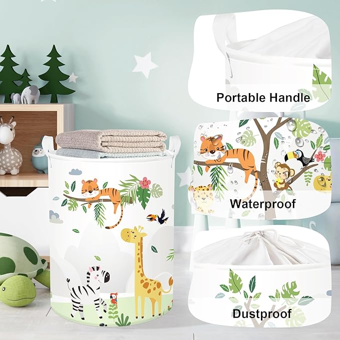 Forest Animals Laundry Hamper Woodland Tree Large Storage Basket Parents Organizer Kids Clothes Toy Bins for Bedroom, Bathroom, Giraffe, 63L