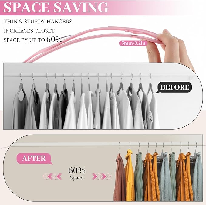 LemonRoad 50 Pcs Upgraded Plastic Short Neck Hangers, Anti-Slip Space Saving Hangers with 360 Swivel Hooks for Clothes, Smooth, Not Velvet (Rose Pink)