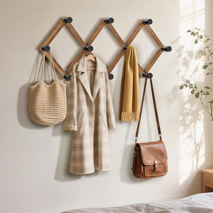 WGFKVAS 2 Pack Accordion Wall Hanger, Expandable Wooden Coat Rack Wall Mounted, Hat Rack Hat Hanger for Caps, Coats, Mugs