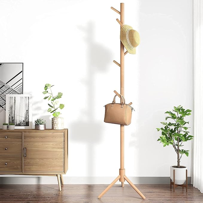 Coat Rack Freestanding Stand Adjustable Coat Tree with 4 Sections 8 Hooks Easy Assembly Beech Wood Coat Jackets Hanger for Hat, Purse Holder, Bedroom, Office, Hallway, Entryway
