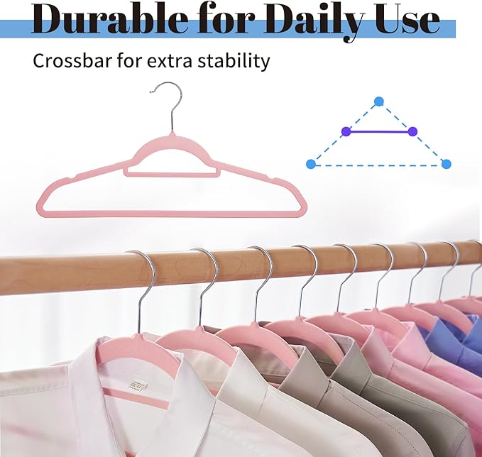 Smartor Pink Velvet Hangers 20 Pack, Space Saving Clothes Hanger with Tie Bar, Non-Slip Felt Hangers with Shoulder Notches, Heavy Duty Suit Hanger for Coat, Shirt, Pants, Dress
