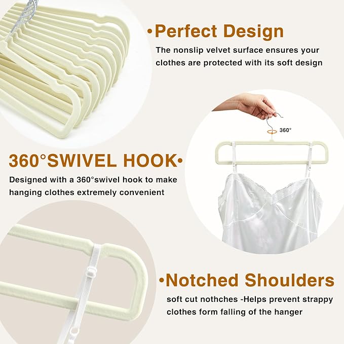 60sets/120pcs Velvet Pants Hangers Non Slip White Felt Hangers with 60 Cascading Hooks, Space Saving 360 Degree Swivel Hook Closet Organizer for Jeans, Trousers, Leggings, Tank Top, Shorts and Skirts
