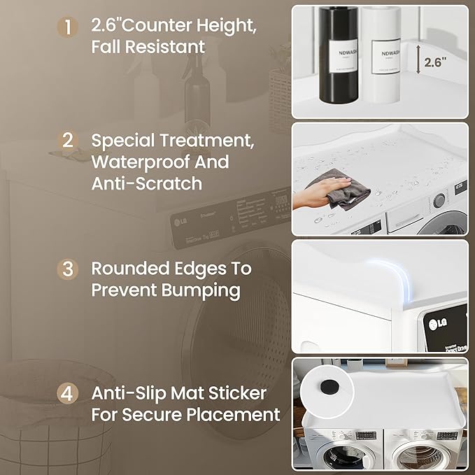 Washer Dryer Countertop,54''X27.6'' Wave Edge Wood Shelf Topper with Anti-Slip Patches,Laundry Room Washer and Dryer Laundries Hamper Counter Storage Organization (White)