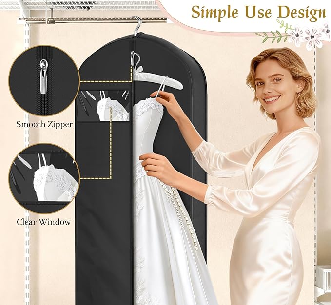 KEETDY 72" Wedding Dress Garment Bag for Travel with 4" Gusseted Long Hanging Dress Bags for Gowns for Women Garment Cover Clothes Storage for Closet, Black