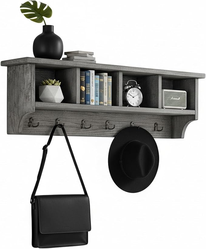 Alaterre Furniture Pomona Entryway Organizer – Rustic Industrial 48-Inch Wall-Mounted Coat Rack with 6 Double Hooks & 4 Open Cubbies – Solid Wood Mudroom Storage for Apartment or Hallway (Slate Grey)