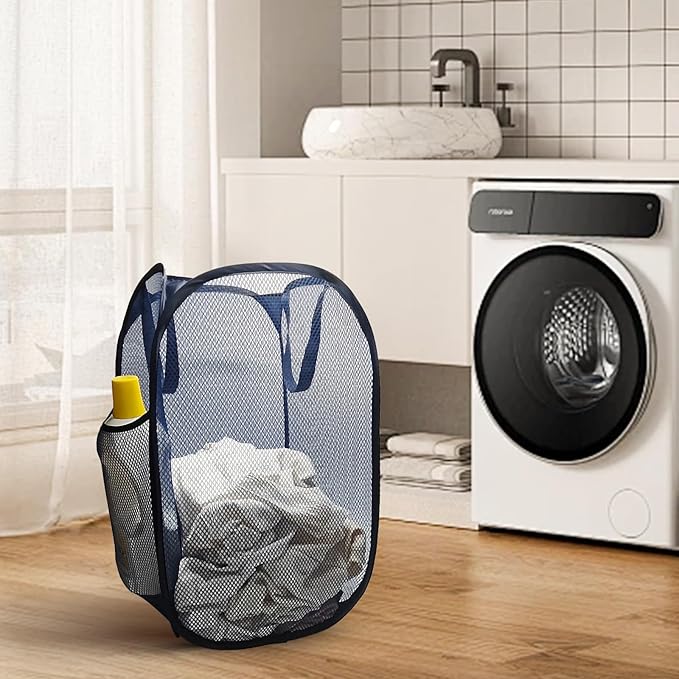 The upgraded pop-up laundry basket features a breathable side pocket mesh design, making it ideal for rooms, apartments, dormitories, travel, business trips, and children's storage (1, Dark blue)