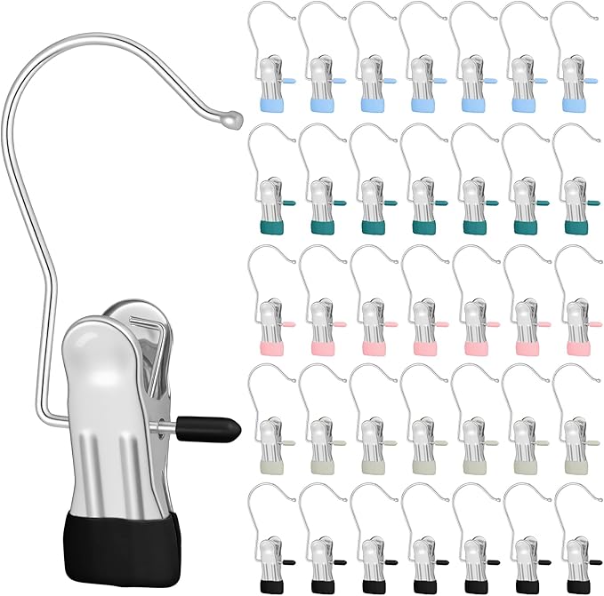 100 Pcs Boot Hangers Clips, Laundry Hook Hanging Portable Socks Towels Clothes Travel Drying Clothes Pins for Travel (Black + White + Pink + Blue + Dark Green)