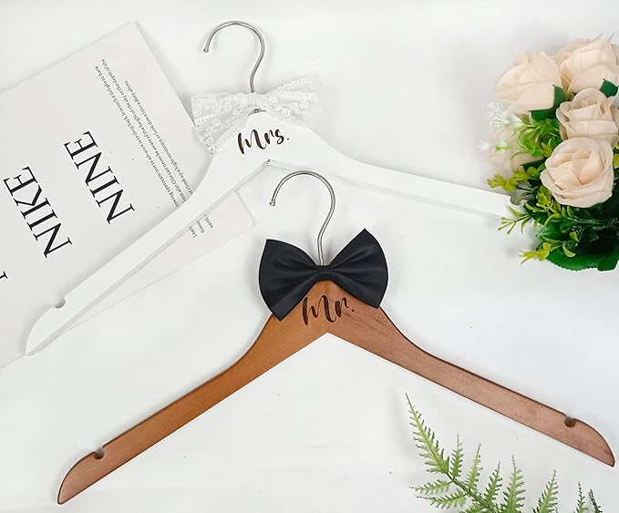 Mr. and Mrs. Wooden Bride Hanger, Wedding Dress Hangers for Bride with White Bow - Groom's Hanger with Black Bow Tie - Set of 2 (White + Vintage)