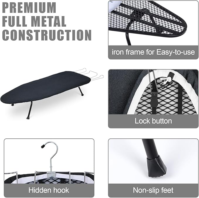 Tioncy Metal Foldable Tabletop Ironing Board with Iron Rest, Metal Portable Ironing Board Small with Heat Resistant Cotton Cover and Mini Non Slip Feet for Home Laundry Rooms Dorms Travel(Black)