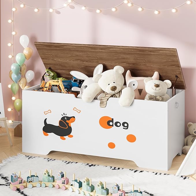 HOOBRO Toy Box, Toy Chest with 2 Safety Hinges, 47.2" Storage Bench, Wooden Storage Chest, for Entryway, Bedroom, Living Room, White and Walnut WH496CW01
