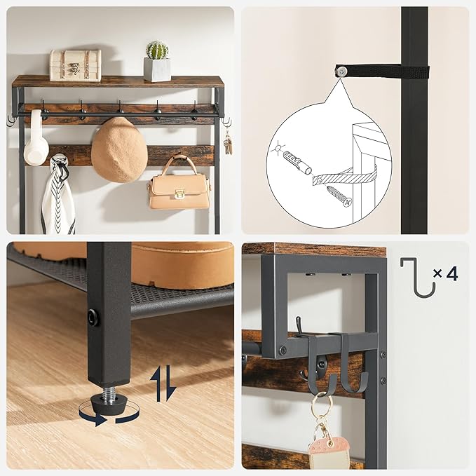 HOOBRO Hall Tree with Bench, Shoe and Coat Rack for Entryway, Coat Rack with Bench, Flip Top Storage Box, PU Cushioned Seat, Non-Woven Fabric Drawer, for Entrance, Rustic Brown and Black BF110MT01