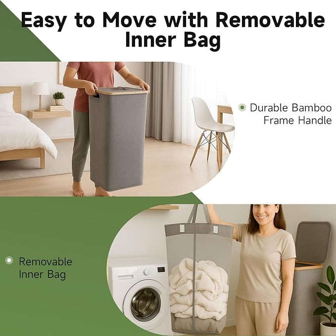 100L Foldable Laundry Basket with Lid, Dirty Clothes Hamper for Dormitories and Gyms | Laundry Hamper with Removable Bag, Gray