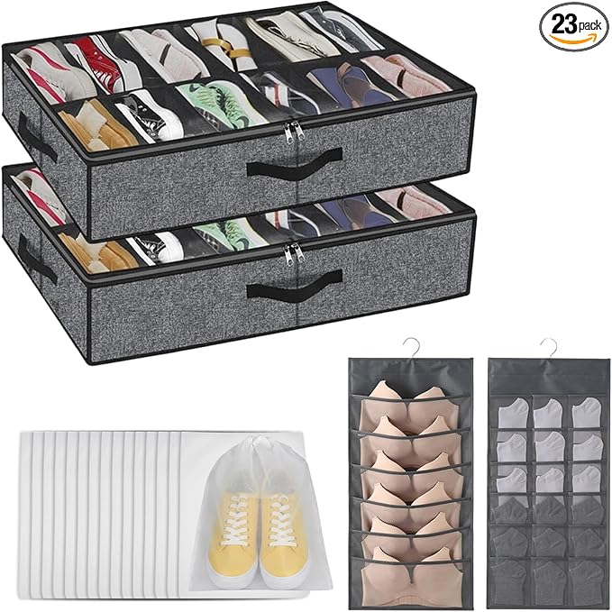 2 pc Sturdy Under Bed Shoe Storage Organizer, Underbed Shoes Closet Storage Solution with Clear Window, Breathable, With 1 Sock Bag and 20 Disposable Shoe Bags Fit 12 to 24 Pairs, Linen-like Black