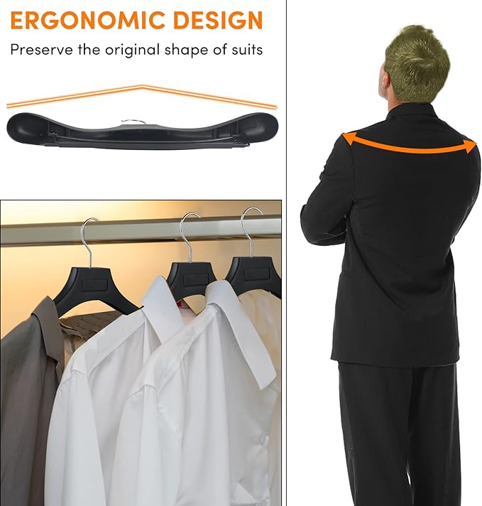 DEDU Suit Hangers for Men 100 Pack, Black Coat Hangers Extra Wide Non Slip Width 17.7", Thick Plastic with Pants Bar & Metal Hook