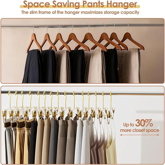 10 Pack Clear Acrylic Hangers with Adjustable Non-Slip Metal Clips, Gold Pants Hangers for Jeans, Trousers, Skirts, Coats, Heavy Duty, Space-Saving Closet Organizer, Adults & Kids
