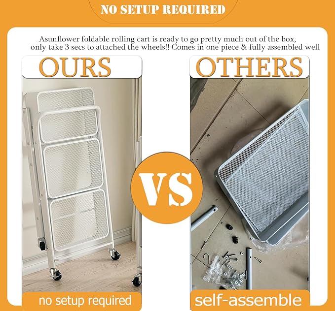 Foldable Storage Cart 3 Tier Rolling Cart with Wheels No Assemble Required Metal Utility Kitchen Cart Heavy Duty Folding Storage and Organizer for Classroom, Bedroom(White)
